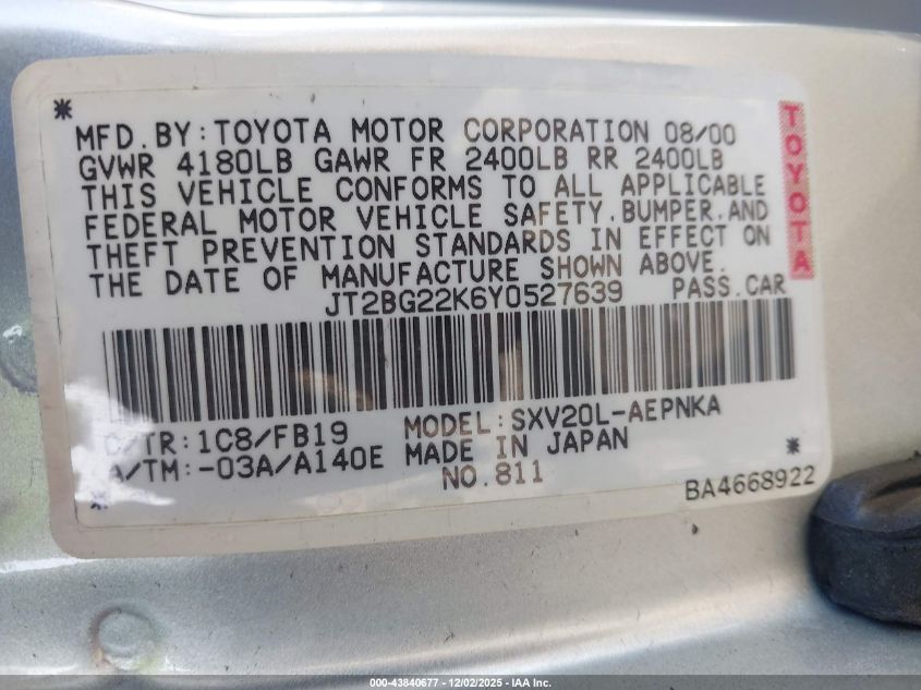 2000 Toyota Camry Le VIN: JT2BG22K6Y0527639 Lot: 43840677
