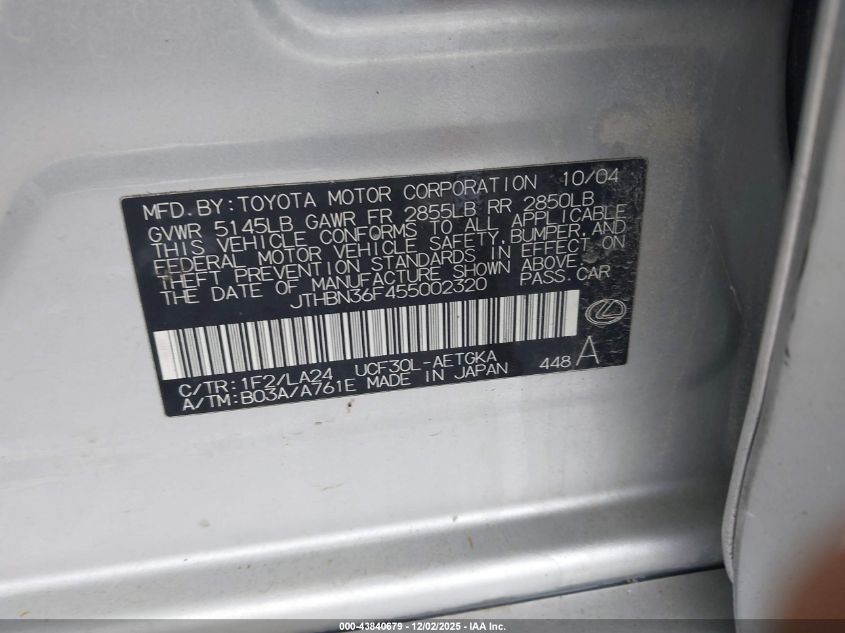 2005 Lexus Ls 430 VIN: JTHBN36F455002320 Lot: 43840679