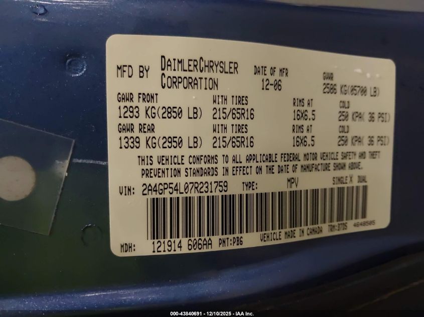 2007 Chrysler Town & Country Touring VIN: 2A4GP54L07R231759 Lot: 43840691