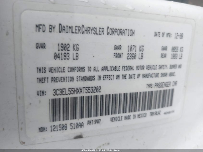 1999 Chrysler Sebring Jxi VIN: 3C3EL55HXXT553202 Lot: 43840702