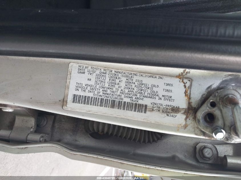 2003 Toyota Tacoma Base V6 VIN: 5TEHN72NX3Z186186 Lot: 43840709