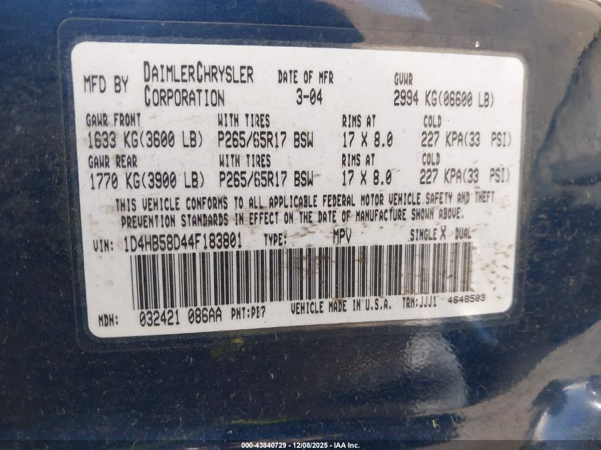 2004 Dodge Durango Limited VIN: 1D4HB58D44F183801 Lot: 43840729