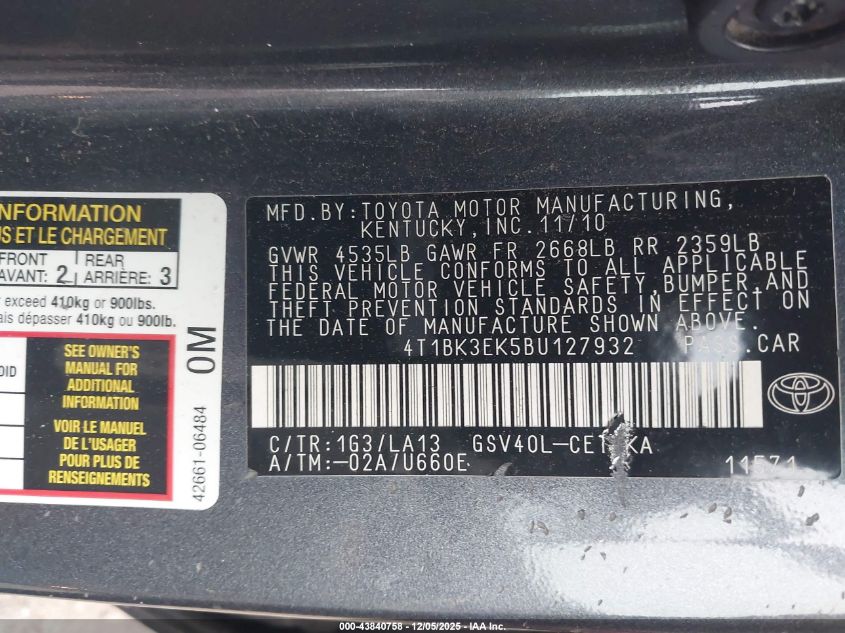 2011 Toyota Camry Xle V6 VIN: 4T1BK3EK5BU127932 Lot: 43840758