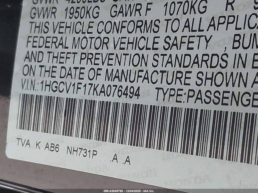 2019 Honda Accord Lx VIN: 1HGCV1F17KA076494 Lot: 43840768
