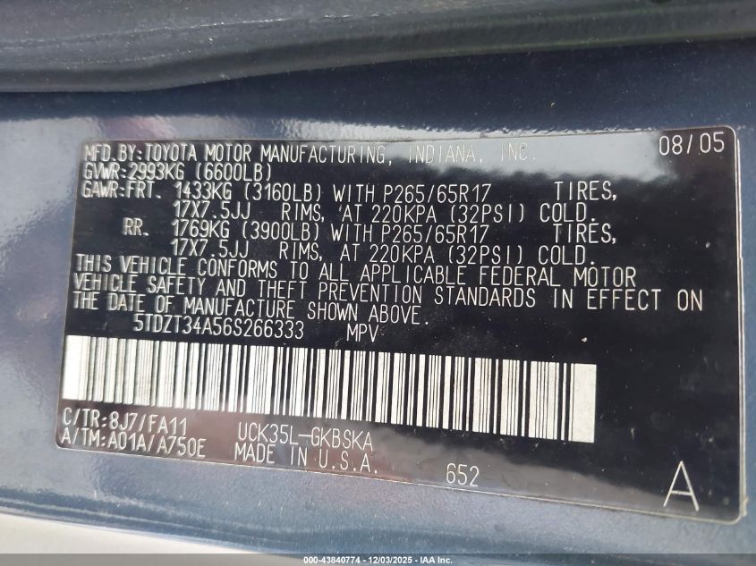 2006 Toyota Sequoia Sr5 V8 VIN: 5TDZT34A56S266333 Lot: 43840774