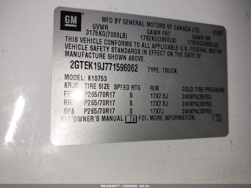 2007 GMC Sierra 1500 Sle1 VIN: 2GTEK19J771596062 Lot: 43840777