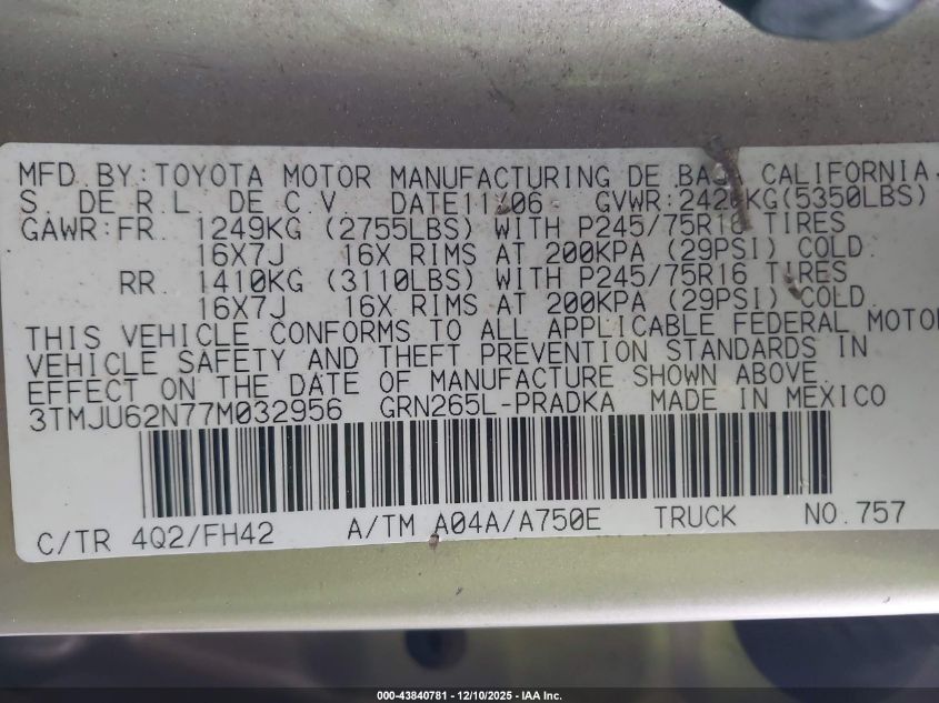 2007 Toyota Tacoma Prerunner V6 VIN: 3TMJU62N77M032956 Lot: 43840781