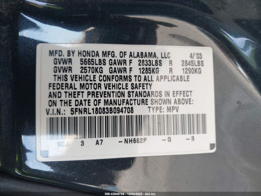 2003 Honda Odyssey Ex-L VIN: 5FNRL18083B094708 Lot: 43840786