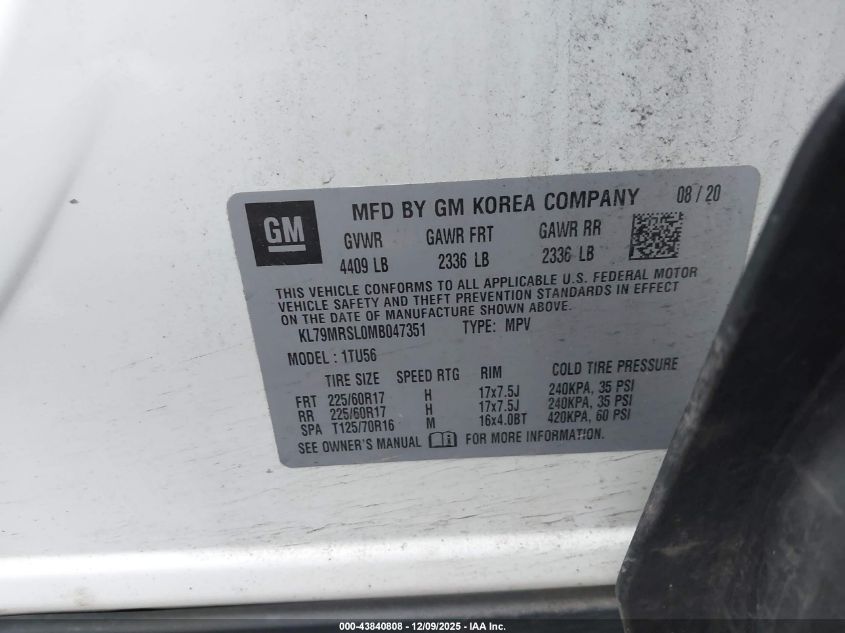 2021 Chevrolet Trailblazer Awd Lt VIN: KL79MRSL0MB047351 Lot: 43840808