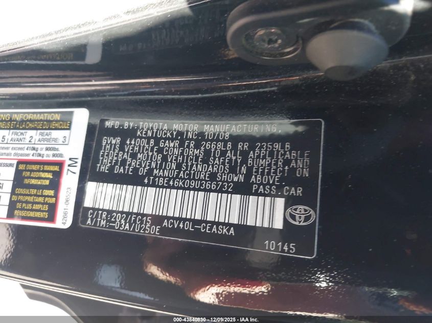 2009 Toyota Camry Se VIN: 4T1BE46K09U366732 Lot: 43840830