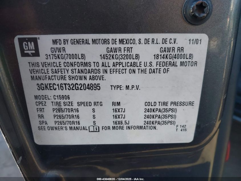 2002 GMC Yukon Xl 1500 Sle VIN: 3GKEC16T32G204895 Lot: 43840835
