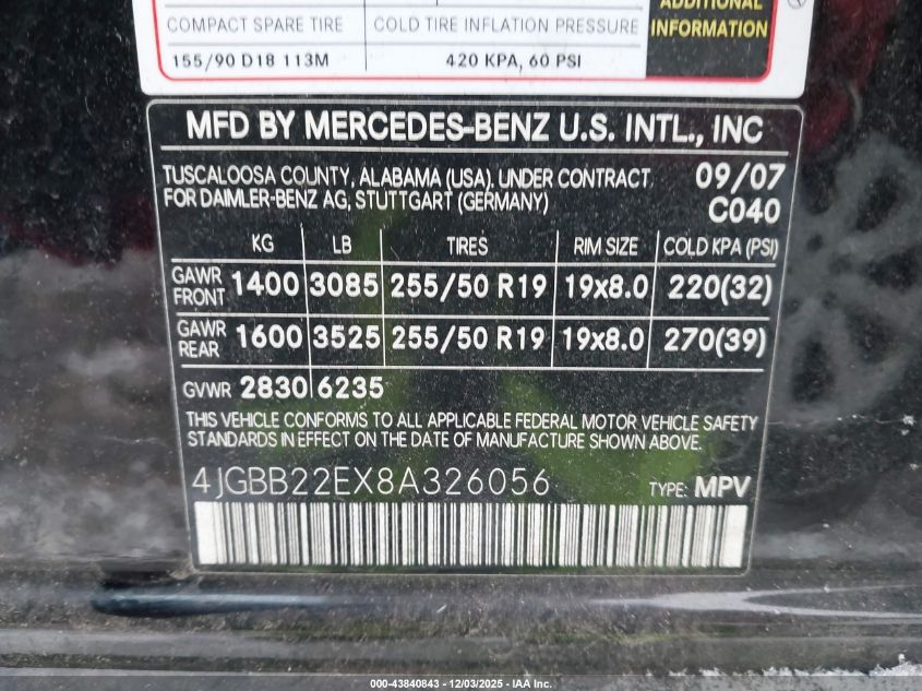 2008 Mercedes-Benz Ml 320 Cdi 4Matic VIN: 4JGBB22EX8A326056 Lot: 43840843