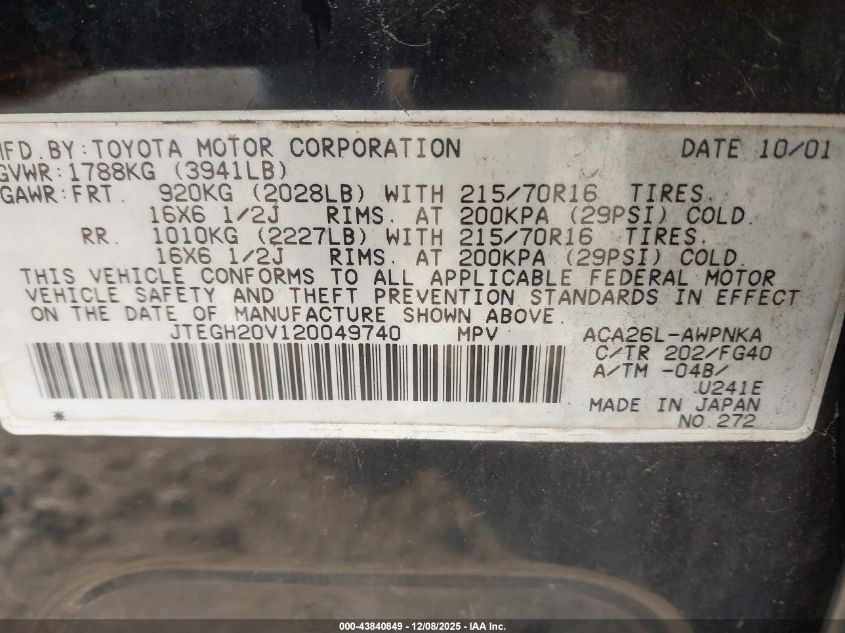 2002 Toyota Rav4 VIN: JTEGH20V120049740 Lot: 43840849