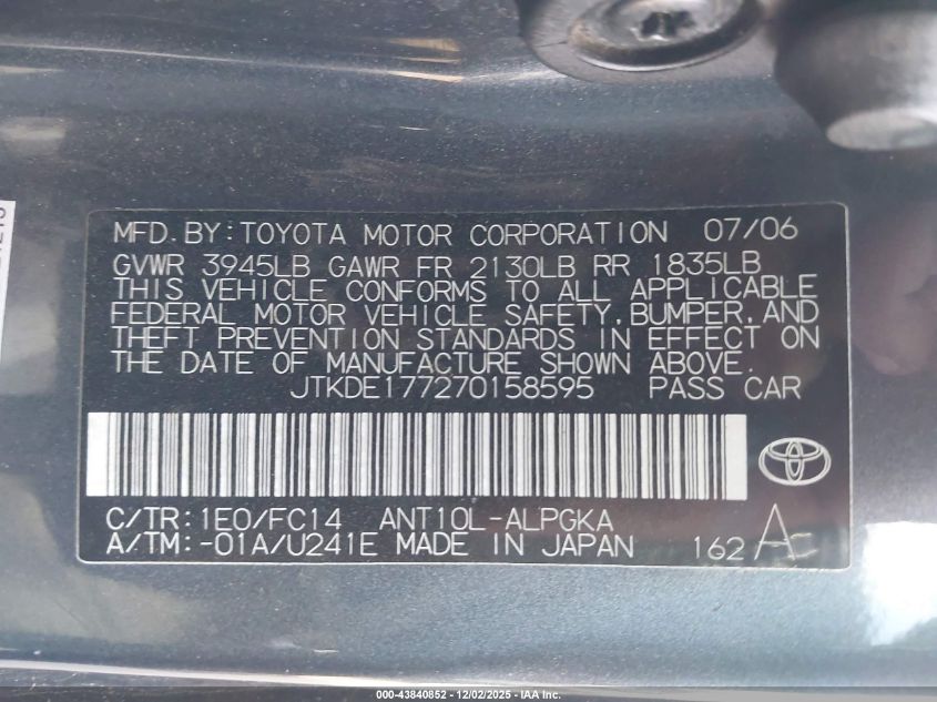 2007 Scion Tc VIN: JTKDE177270158595 Lot: 43840852