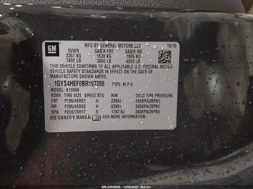 2011 Cadillac Escalade Esv Luxury VIN: 1GYS4HEF8BR197288 Lot: 43840856