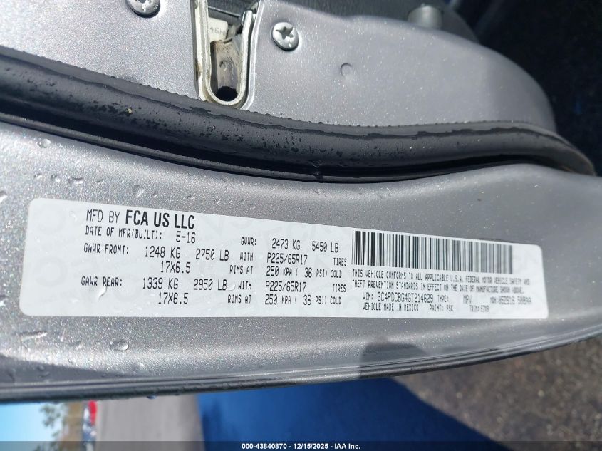 2016 Dodge Journey Sxt VIN: 3C4PDCBG4GT214629 Lot: 43840870