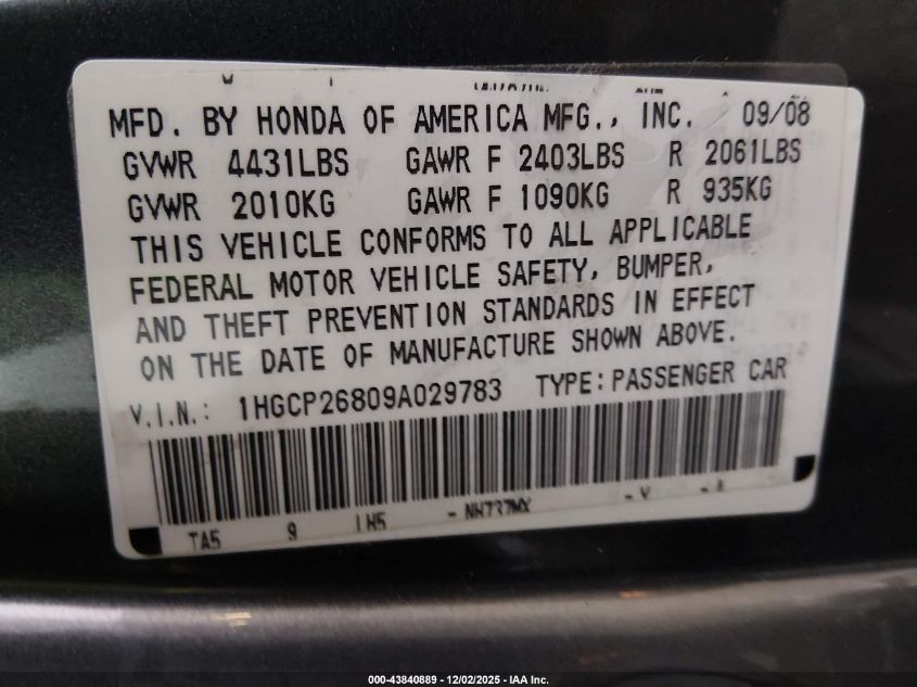 2009 Honda Accord 2.4 Ex-L VIN: 1HGCP26809A029783 Lot: 43840889