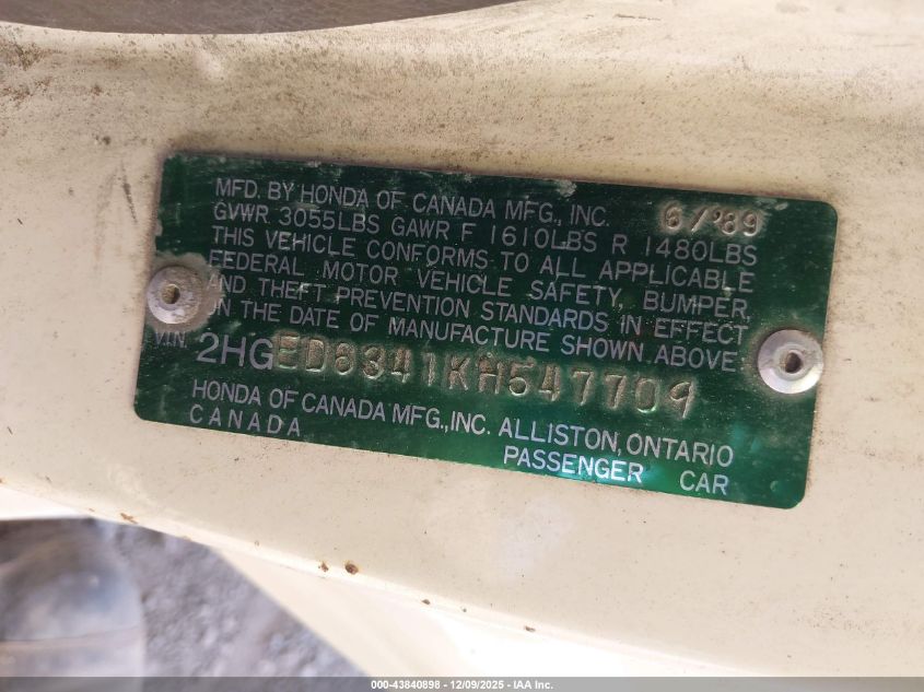 2HGED6341KH547709 1989 HONDA CIVIC photo no. 9