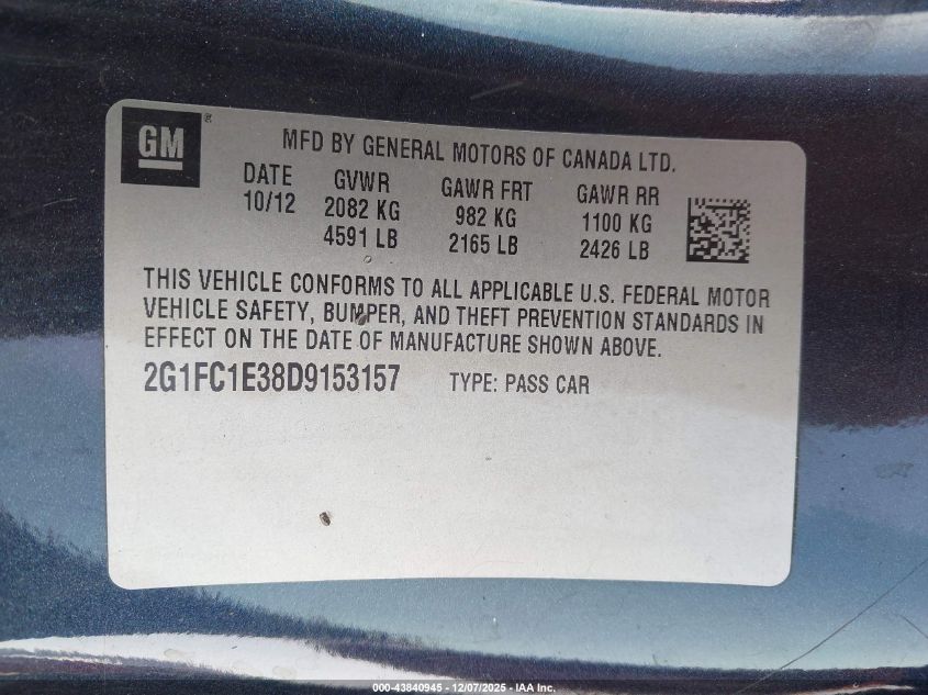 2013 Chevrolet Camaro 2Lt VIN: 2G1FC1E38D9153157 Lot: 43840945