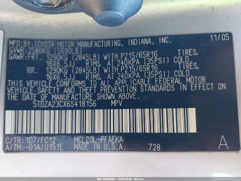 2006 Toyota Sienna Le VIN: 5TDZA23CX6S418156 Lot: 43840959