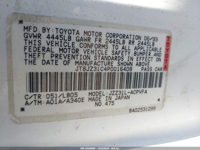 1993 Lexus Sc 300 VIN: JT8JZ31C4P0016408 Lot: 43840965