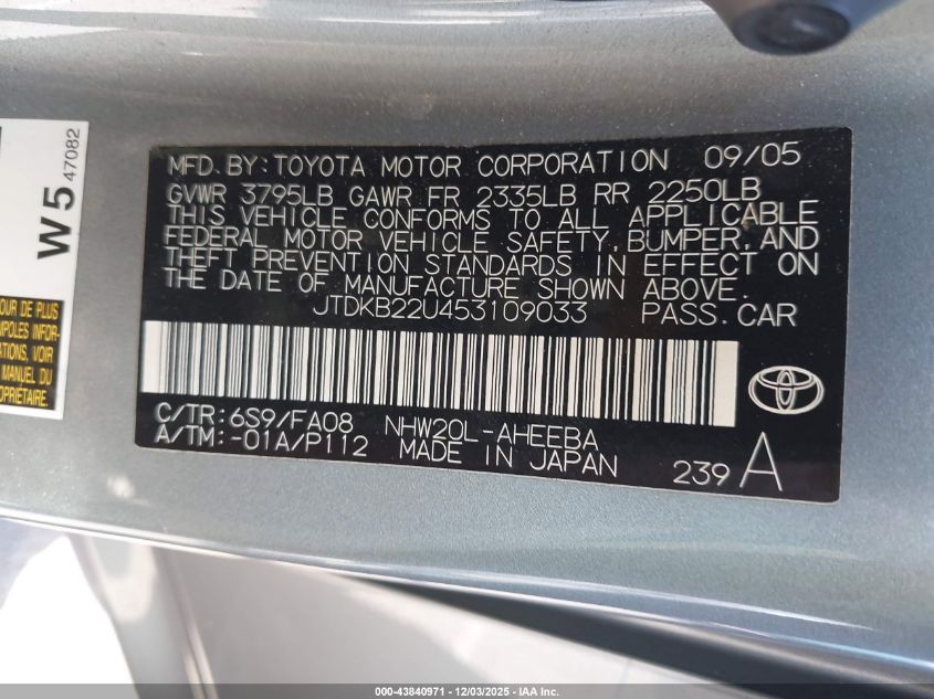 2005 Toyota Prius VIN: JTDKB22U453109033 Lot: 43840971