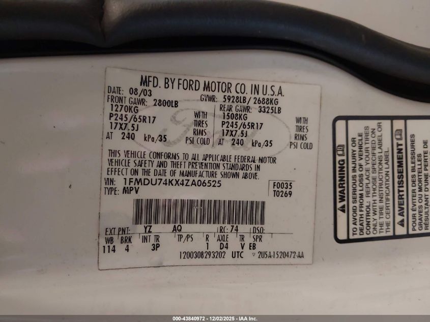 2004 Ford Explorer VIN: 1FMDU74K942A06525 Lot: 43840972