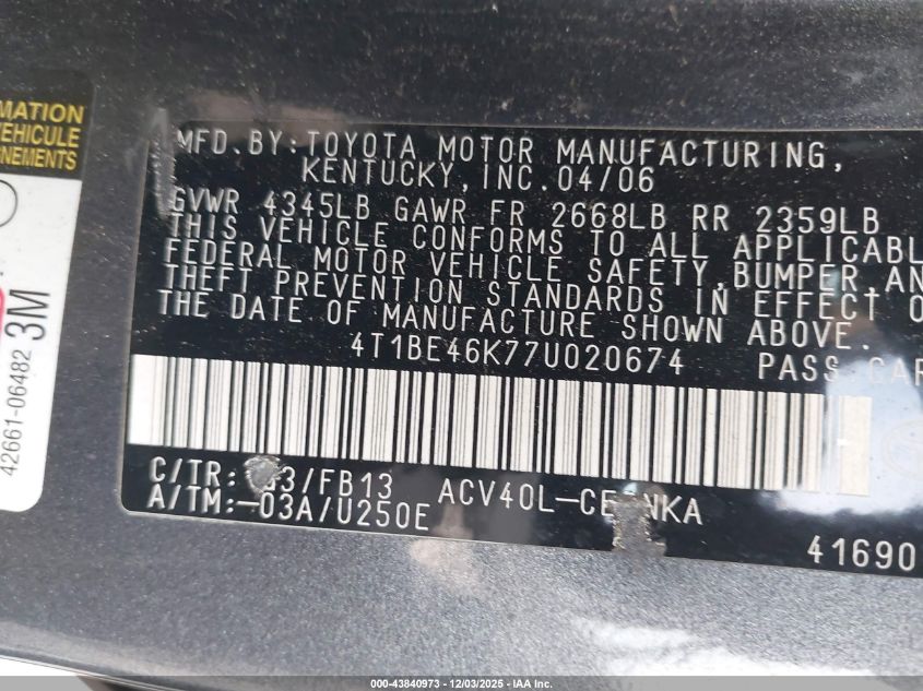 2007 Toyota Camry Le VIN: 4T1BE46K77U020674 Lot: 43840973