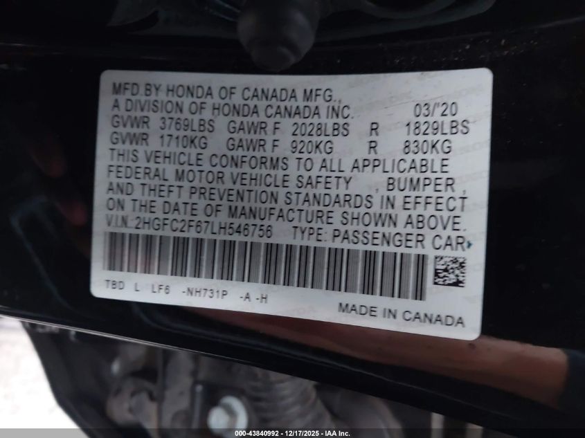 2020 Honda Civic Lx VIN: 2HGFC2F67LH546756 Lot: 43840992