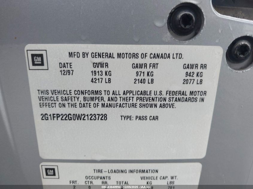 1998 Chevrolet Camaro Z28 VIN: 2G1FP22G0W2123728 Lot: 43840994