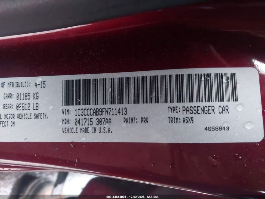 2015 Chrysler 200 Limited VIN: 1C3CCCAB9FN711413 Lot: 43841001