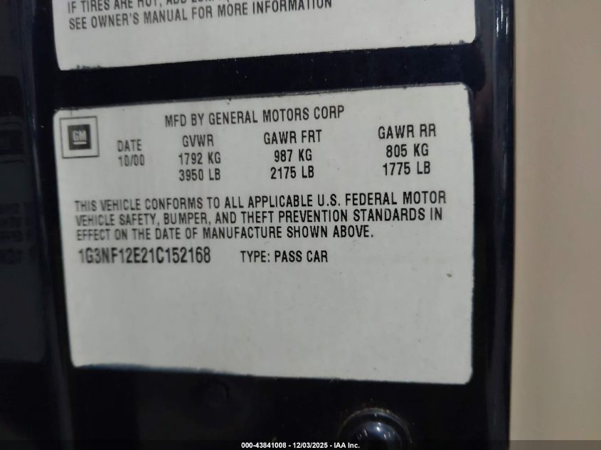 2001 Oldsmobile Alero Gls VIN: 1G3NF12E21C152168 Lot: 43841008