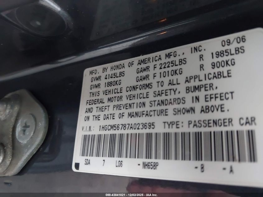 2007 Honda Accord 2.4 Ex VIN: 1HGCM56787A023695 Lot: 43841021