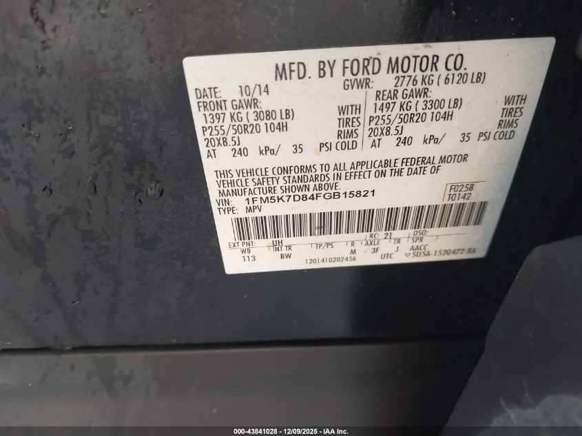 2015 Ford Explorer Xlt VIN: 1FM5K7D84FGB15821 Lot: 43841028