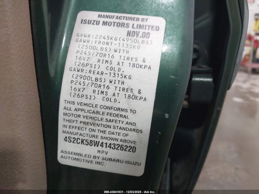 2001 Isuzu Rodeo Ls 3.2L V6/Lse 3.2L V6/S 3.2L V6 VIN: 4S2CK58W414326220 Lot: 43841031