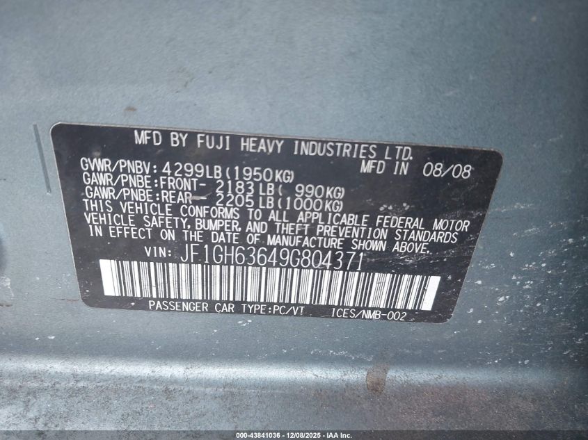 2009 Subaru Impreza Outback Sport VIN: JF1GH63649G804371 Lot: 43841036
