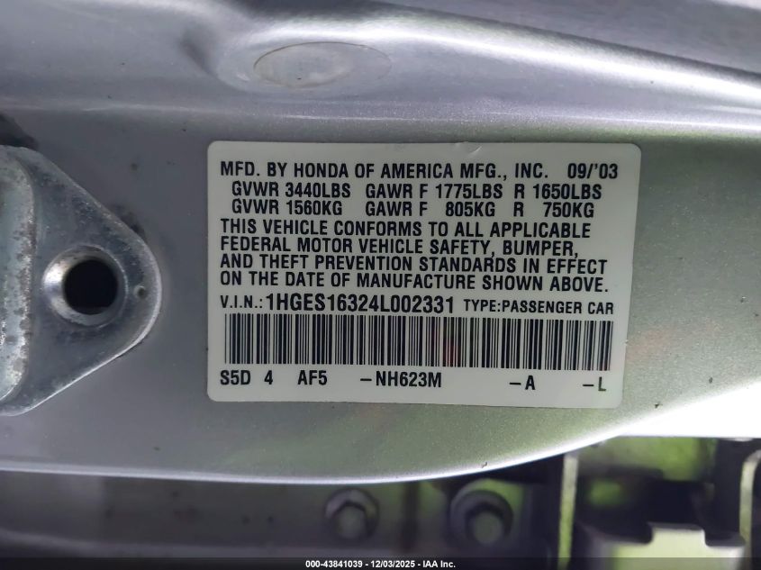 2004 Honda Civic Vp VIN: 1HGES16324L002331 Lot: 43841039