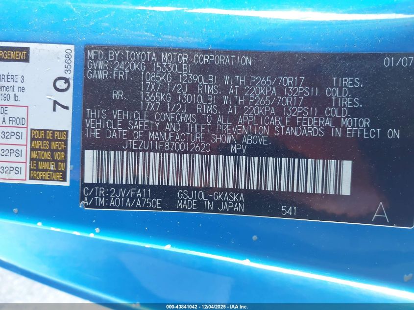 2007 Toyota Fj Cruiser VIN: JTEZU11F870012620 Lot: 43841042