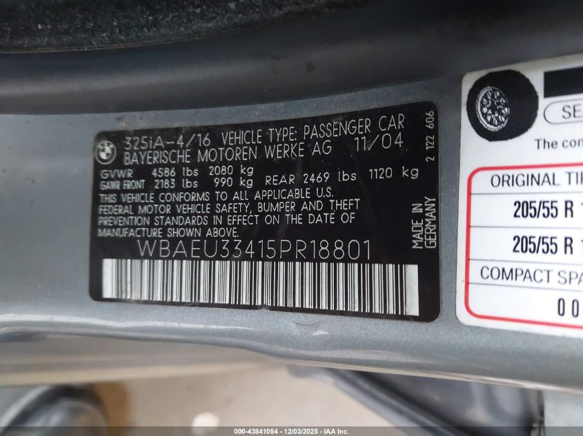 2005 BMW 325Xi VIN: WBAEU33415PR18801 Lot: 43841054