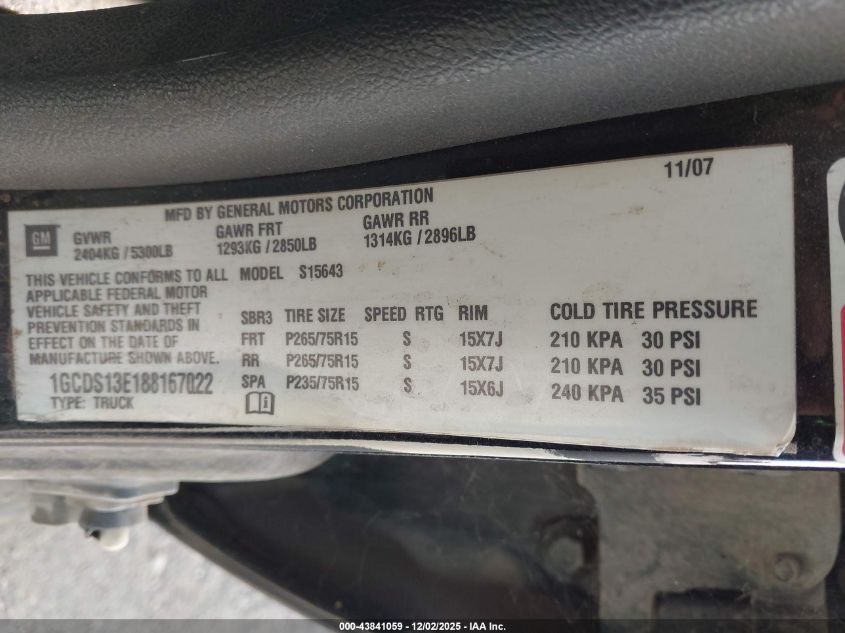 2008 Chevrolet Colorado Lt VIN: 1GCDS13E188167022 Lot: 43841059