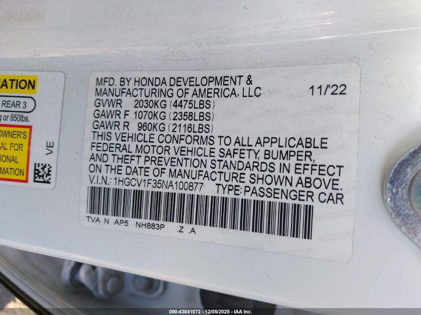 2022 Honda Accord Sport VIN: 1HGCV1F35NA100877 Lot: 43841072