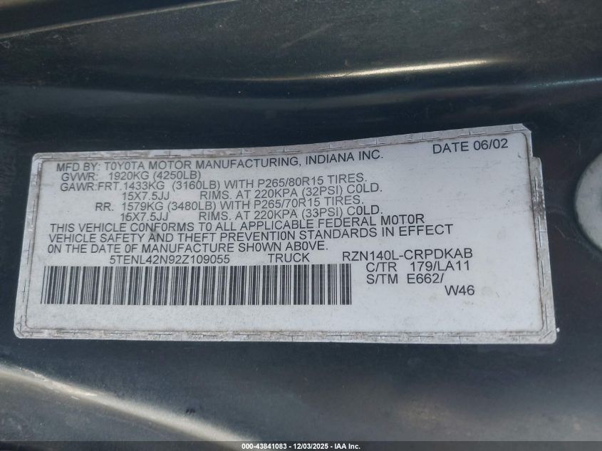 2002 Toyota Tacoma VIN: 5TENL42N92Z109055 Lot: 43841083