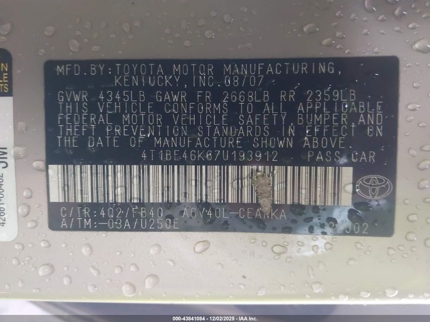 2007 Toyota Camry Ce/Le/Se/Xle VIN: 4T1BE46K674193912 Lot: 43841084