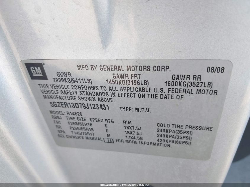 2009 Saturn Outlook Xe VIN: 5GZER13D79J123431 Lot: 43841086