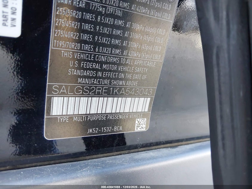 SALGS2RE1KA543043 2019 LAND ROVER RANGE ROVER photo no. 9