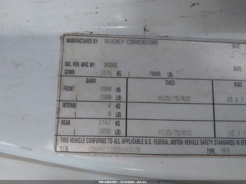 2002 Dodge Ram Van 1500 Conversion VIN: 2B6HB11Z02K143178 Lot: 43841091