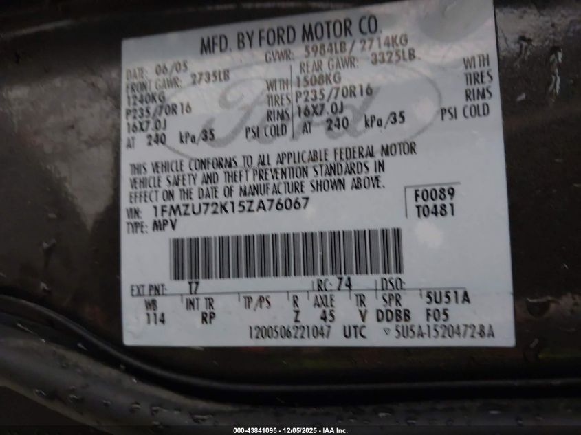 2005 Ford Explorer Xls/Xls Sport VIN: 1FMZU72K15ZA76067 Lot: 43841095