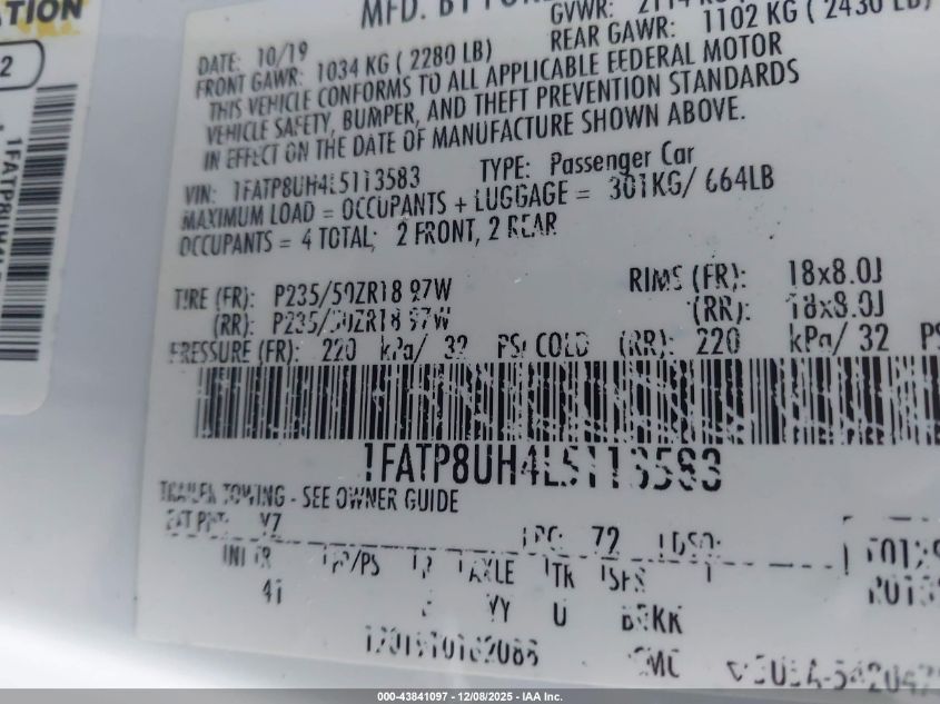 2020 Ford Mustang Ecoboost Premium VIN: 1FATP8UH4L5113583 Lot: 43841097