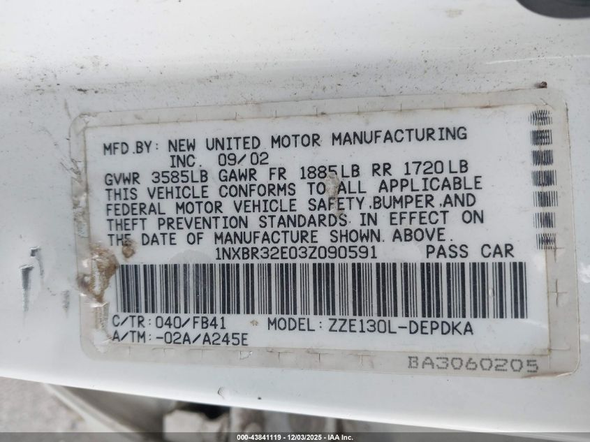 2003 Toyota Corolla Ce VIN: 1NXBR32E03Z090591 Lot: 43841119