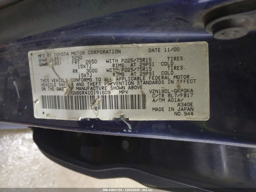 2001 Toyota 4Runner Sr5 V6 VIN: JT3GN86R410191609 Lot: 43841124
